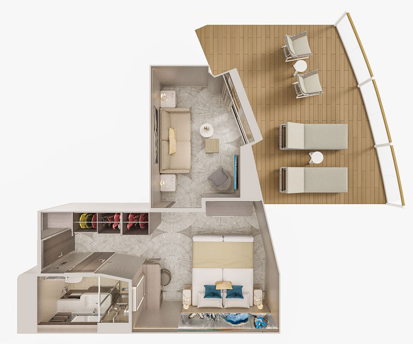 Norwegian Aqua I Suite mit Hauptschlafzimmer und großem Balkon, Bug, Grundriss